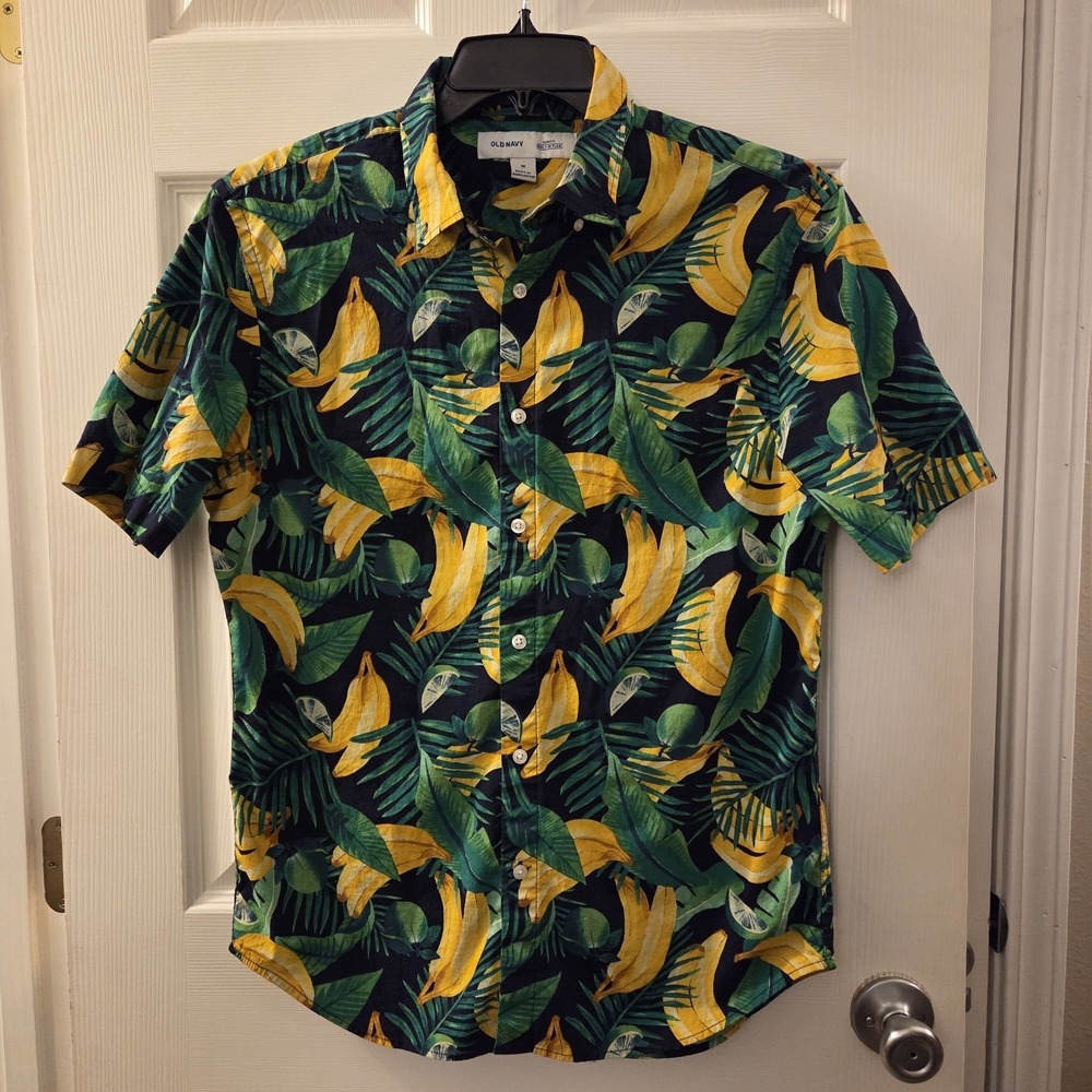 Old Navy sz M slim fit button up shirt men's tropical limes bananas vacation